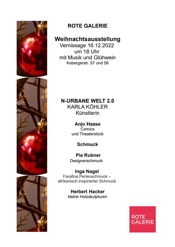 Einladung der Weihnachtsausstellung in der Roten Galerie. Aufgelistete Künstlerinnen: Karla Köhler, Anjo Hasse, Pia Rubner, Inga Nagel und Herbert Hacker.